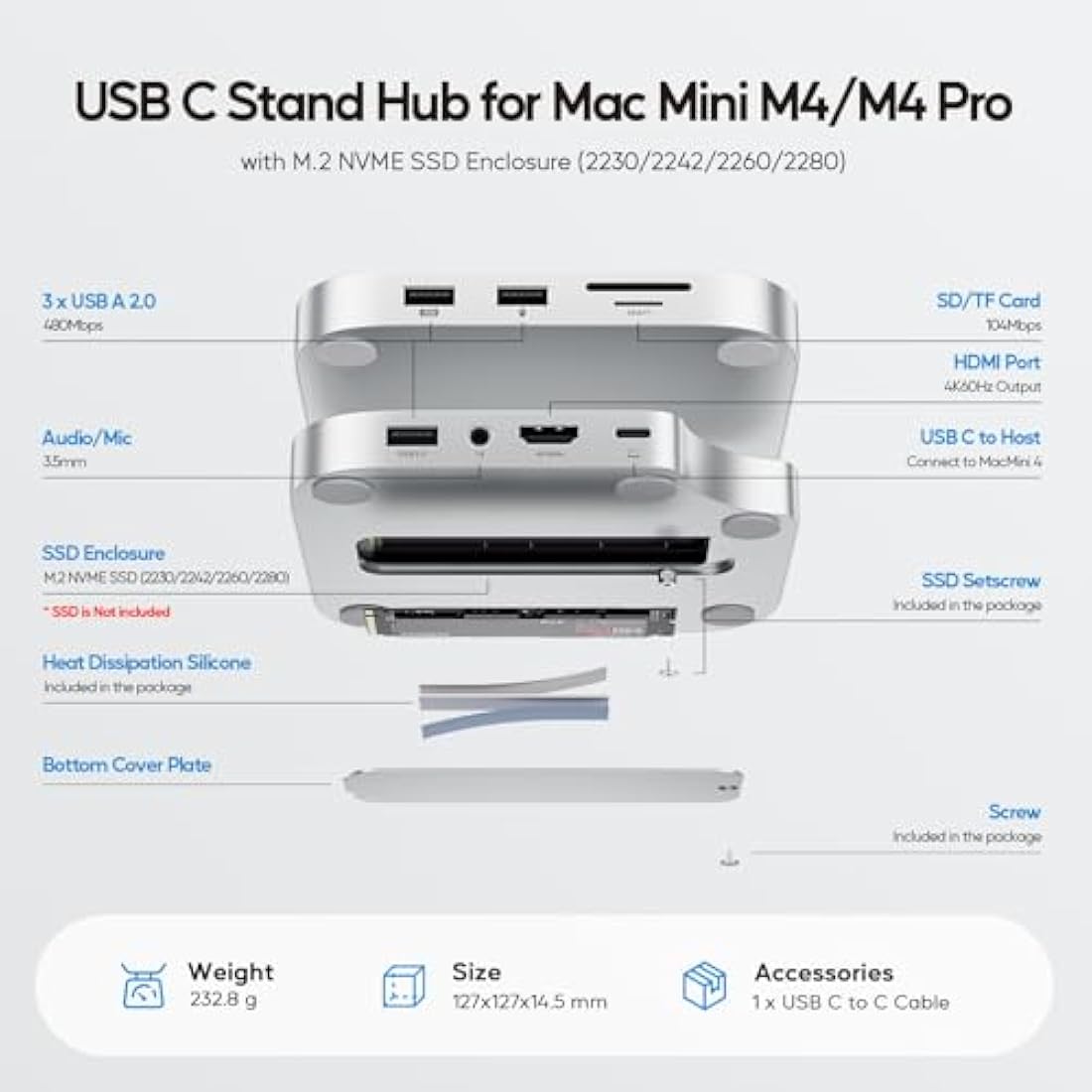 PULWTOP Mac Mini M4 Dock | 4TB M.2 SSD Enclosure & 4K HDMI Hub Stand