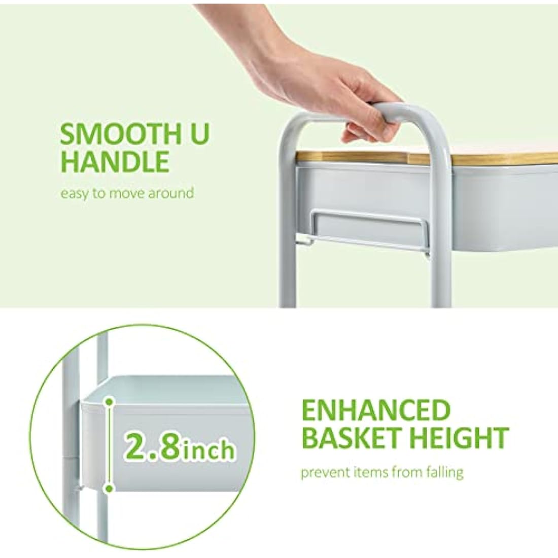KINGRACK 3-Tier Metal Rolling Storage Trolley with Wooden Worktop