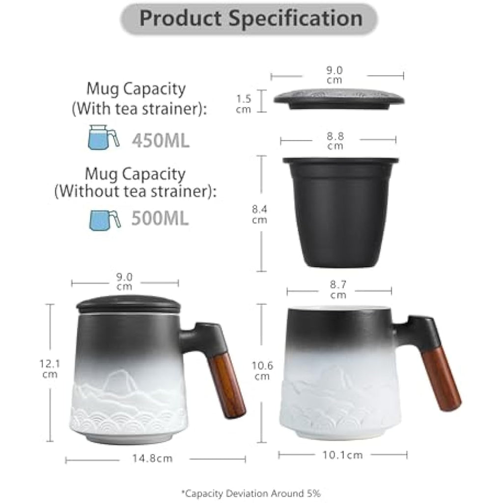 ZENS Ceramic Tea Infuser Mug with Wood Handle and Lid, 500ml - Black