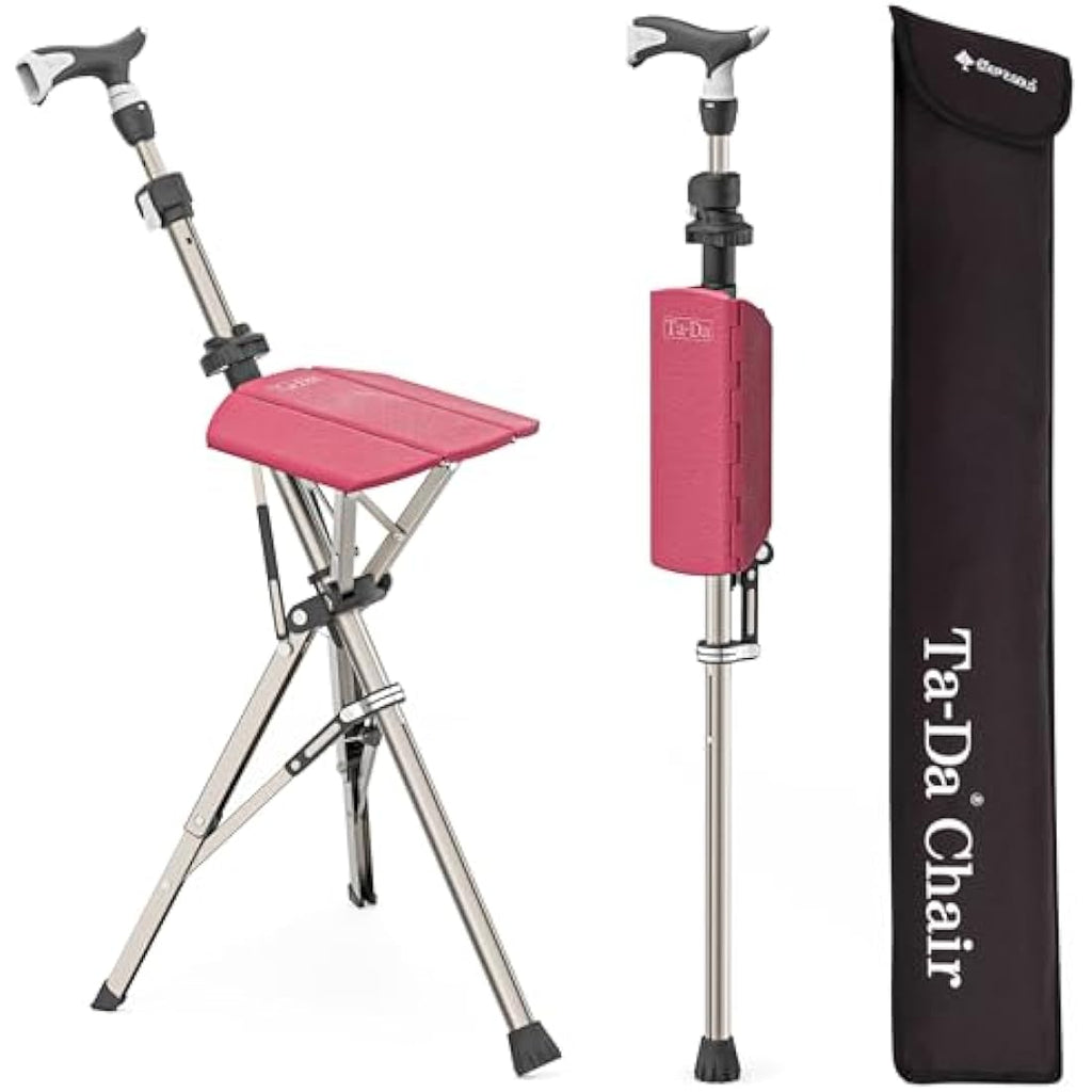 Ta-Da Chair PRO Walking Stick with Seat – Lightweight Folding Stool, Red