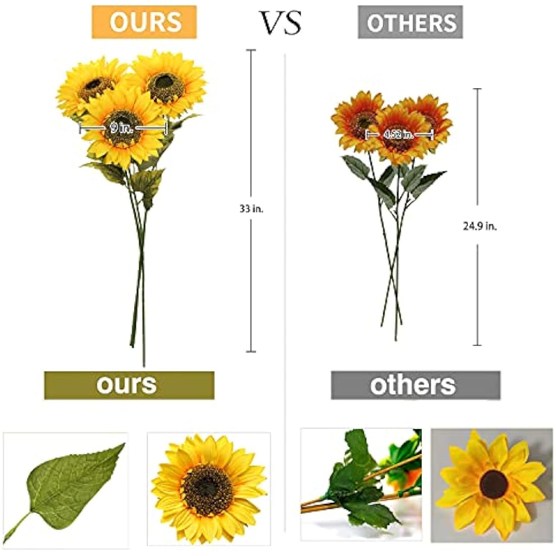 Briful 33" Tall Artificial Sunflowers – 9" Large Silk Flower Heads, 3 Pack
