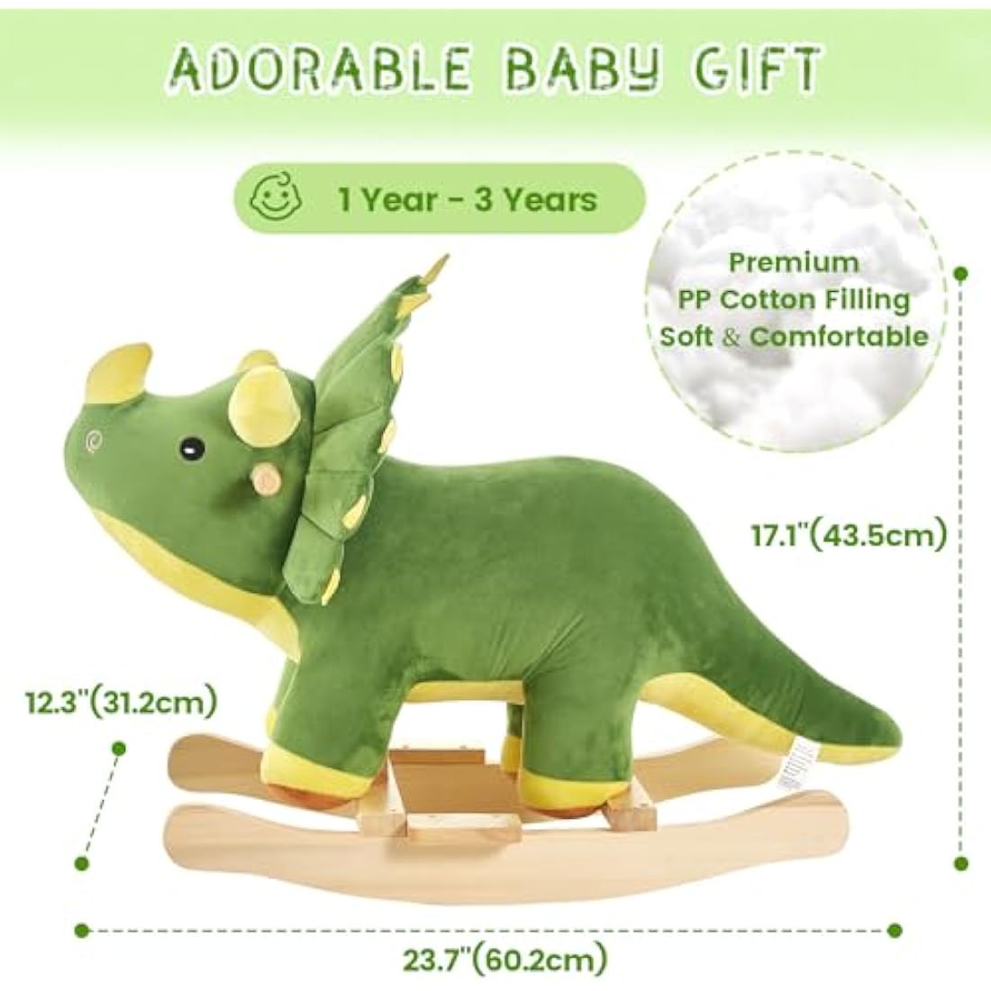 FUNLIO Dinosaur Rocking Horse - Plush Triceratops Ride-on for Toddlers