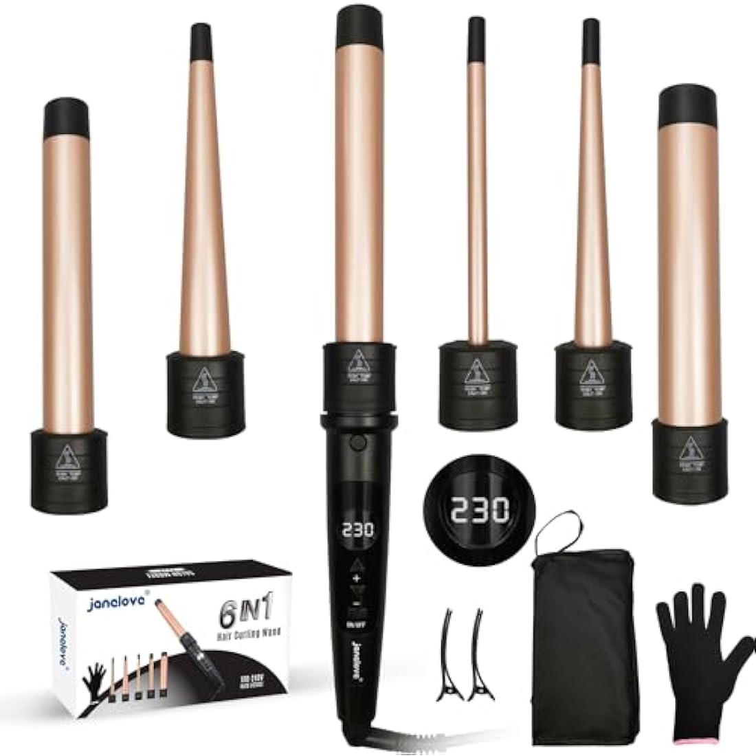 janelove 6-in-1 Hair Curler Set | Ceramic Tourmaline Curling Wand Iron