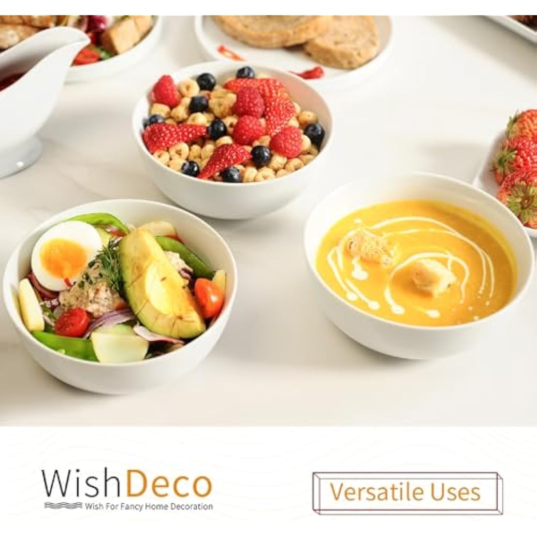 WishDeco White Ceramic Cereal Bowls – 600ml Soup & Salad Set of 4