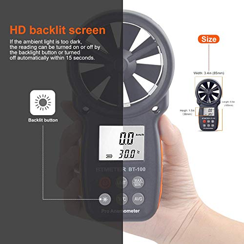BTMETER BT-100 Digital Anemometer - Handheld Wind Speed Meter for HVAC