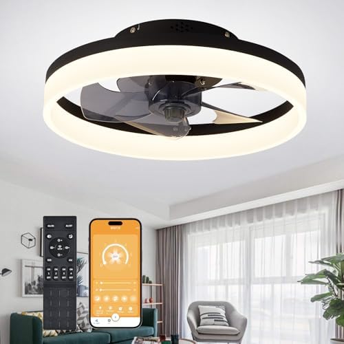 MOSSCO Modern Flush Mount Ceiling Fan with Light - 40cm Black LED