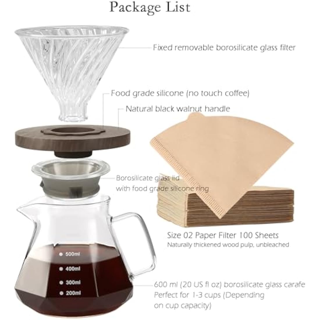 Lalord Pour Over Coffee Maker – 600ml Glass Carafe with Walnut Handle
