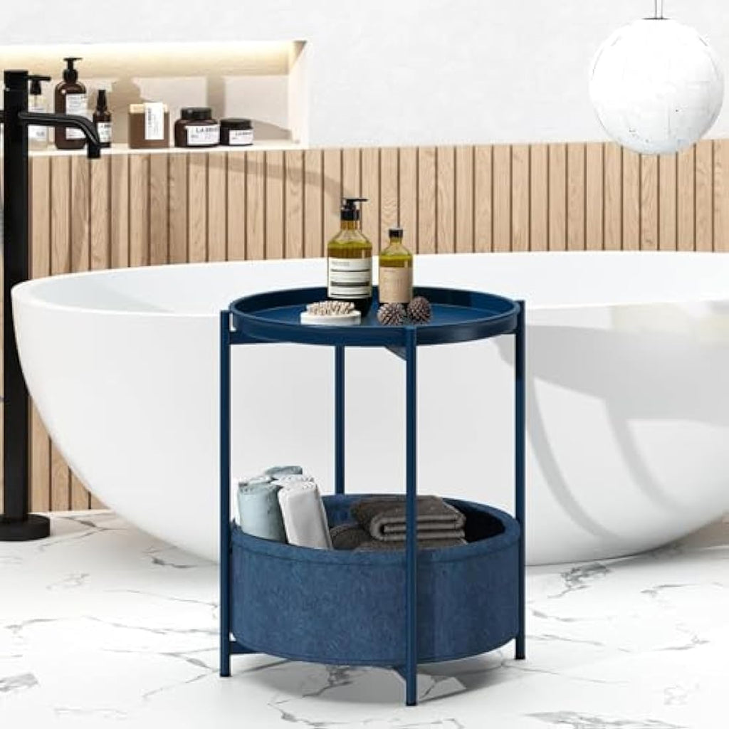Huhote Round Side Table – Metal End Table with Storage Basket, Blue
