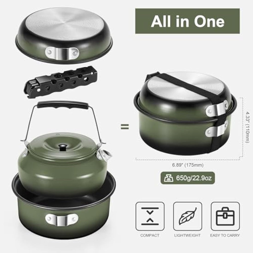 Odoland 5-Piece Camping Cookware Mess Kit | Non-Stick Pot Pan Kettle
