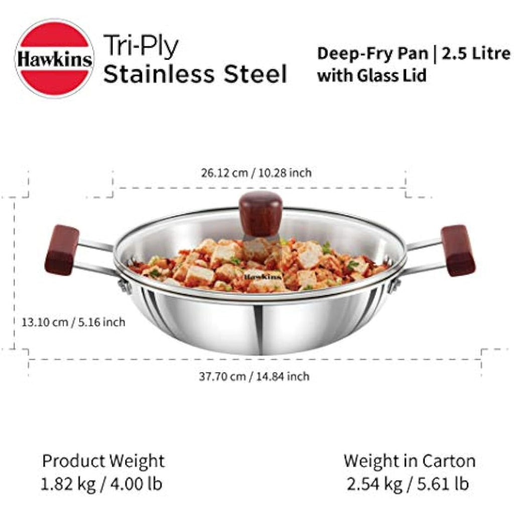 Hawkins Triply Stainless Steel Deep Fry Pan Kadai with Glass Lid, 2.5L