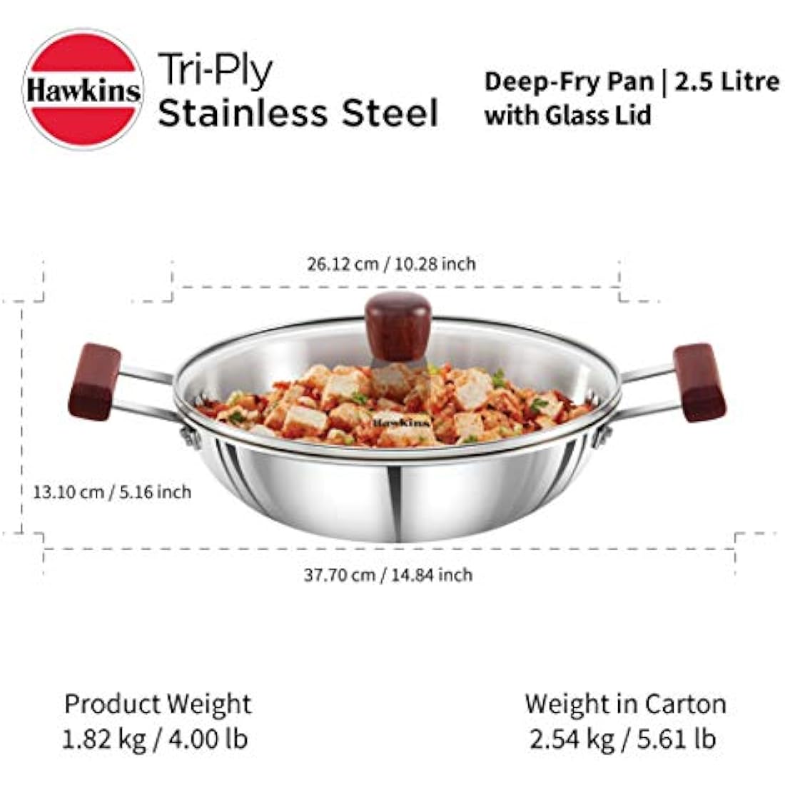 Hawkins Triply Stainless Steel Deep Fry Pan Kadai with Glass Lid, 2.5L