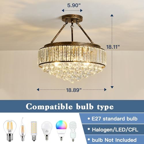 EOPSPYI Modern Crystal Chandelier – 6-Light Bronze Semi Flush Mount
