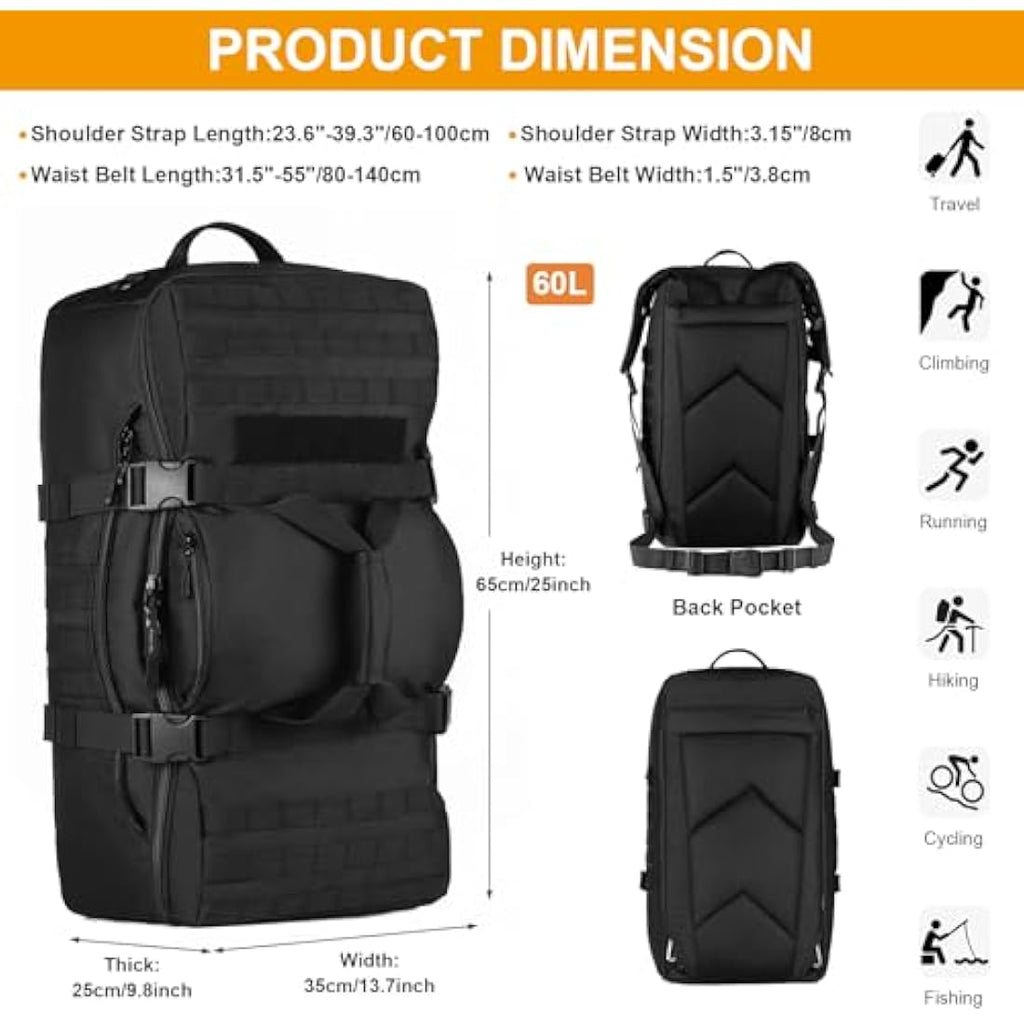Huntvp 60L Tactical Military Backpack | 3-in-1 Molle Hiking Rucksack