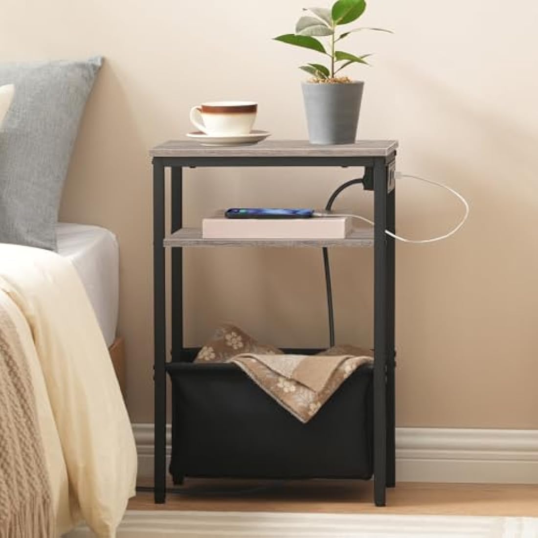 HOOBRO Narrow Side Table with Charging Station and USB Ports – Greige