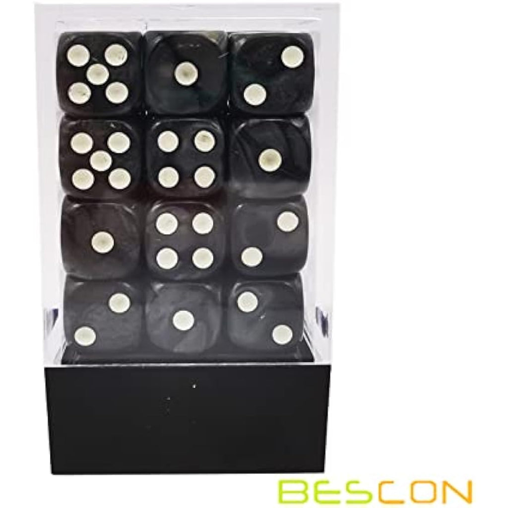 Bescon Marble Black 12mm 6-Sided Dice Set | 36 Count Block with Box