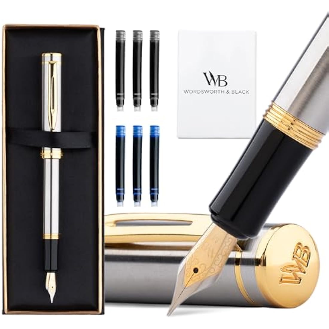 Wordsworth and Black Fountain Pen - Luxury Silver EDC Pocket Pen Set