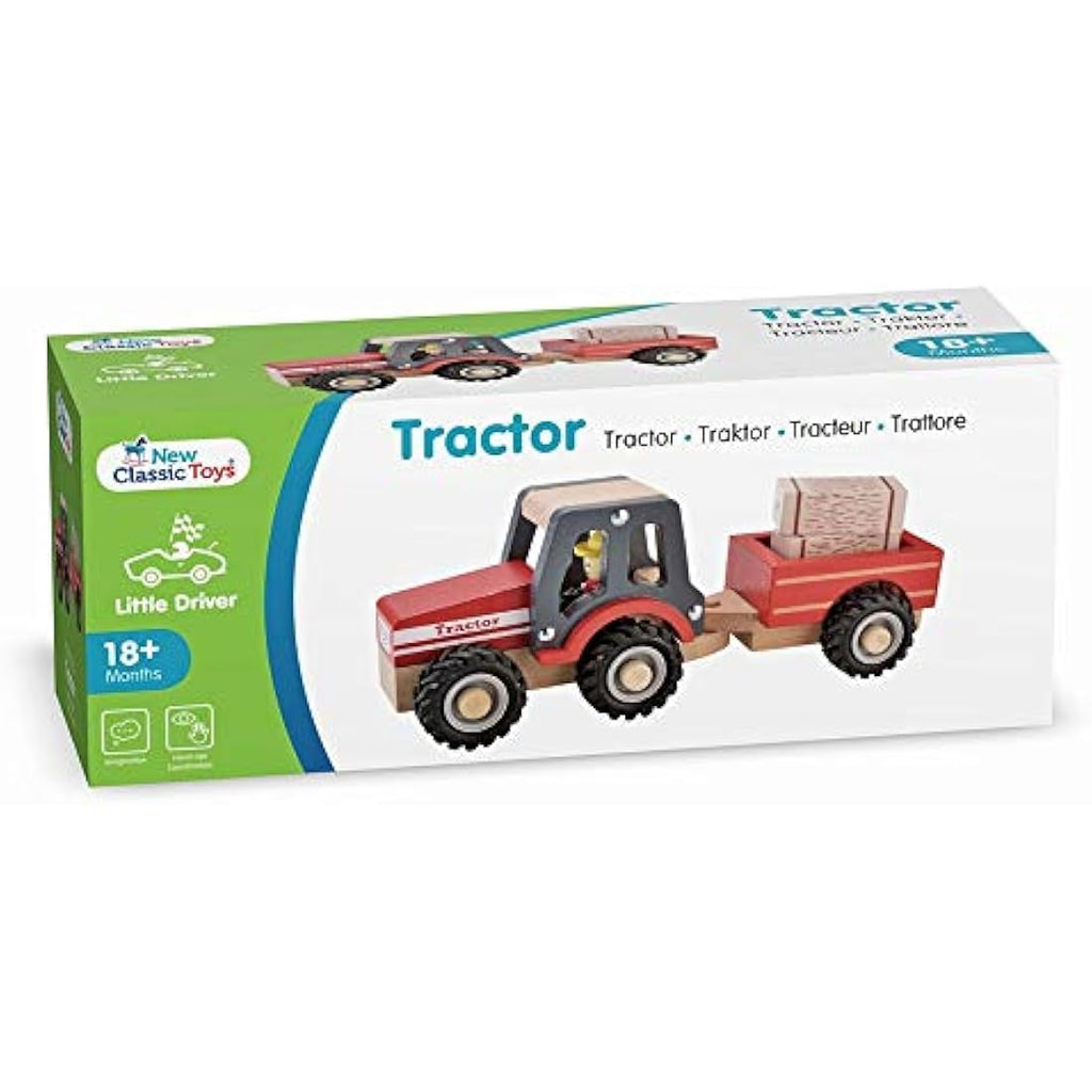 New Classic Toys Wooden Tractor with Hay Stacks - Red Toddler Toy