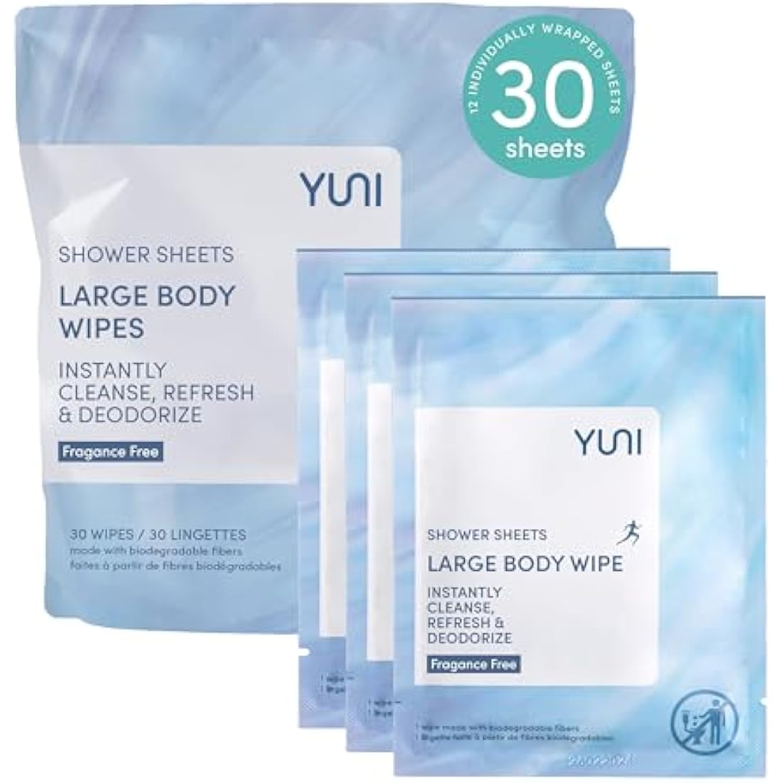 YUNI Beauty Large Body Wipes | Unscented Biodegradable Shower Sheets | 30ct
