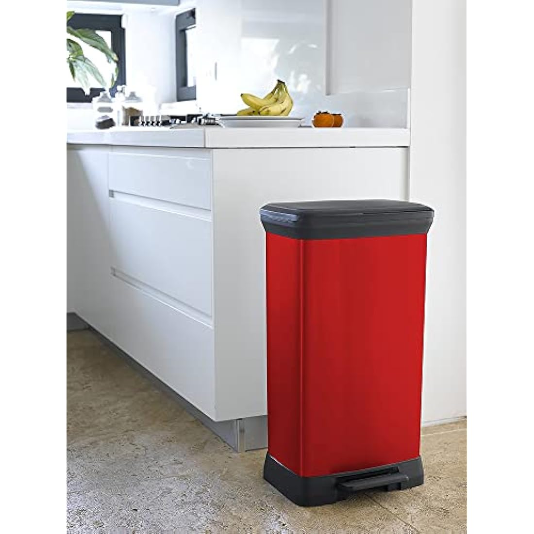 Curver 50L Kitchen Pedal Bin – Recycled Metal Effect Soft Close - Red