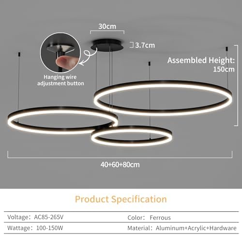 Jolof Store Modern 3-Ring LED Pendant Light | Dimmable 40+60+80cm Chandelier