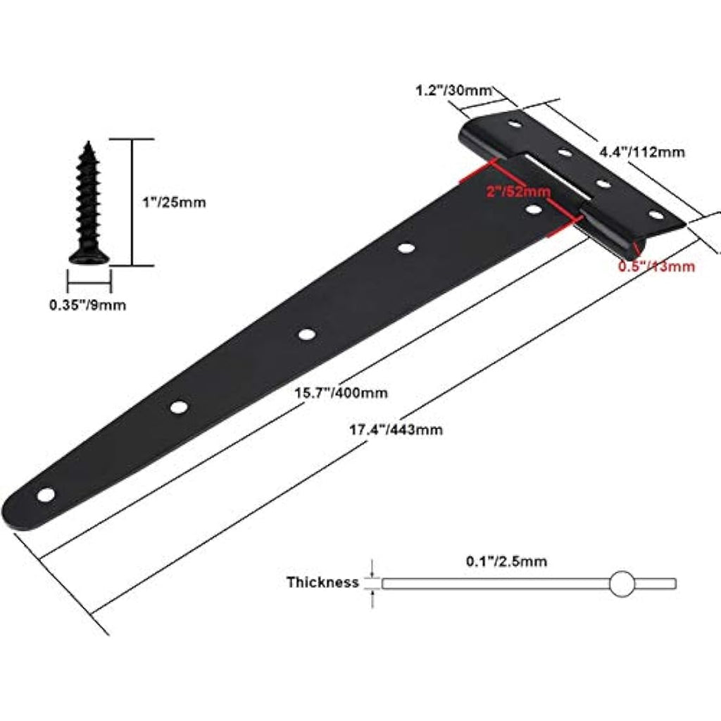 16 Inch Heavy Duty T-Hinges | Black Wrought Iron, 3 Pack