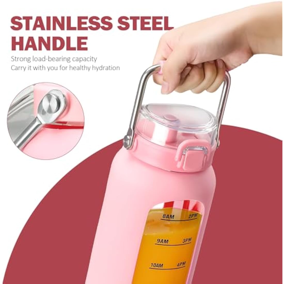 BLUEGO 2L Glass Water Bottle with Time Marker and Straw – Pink