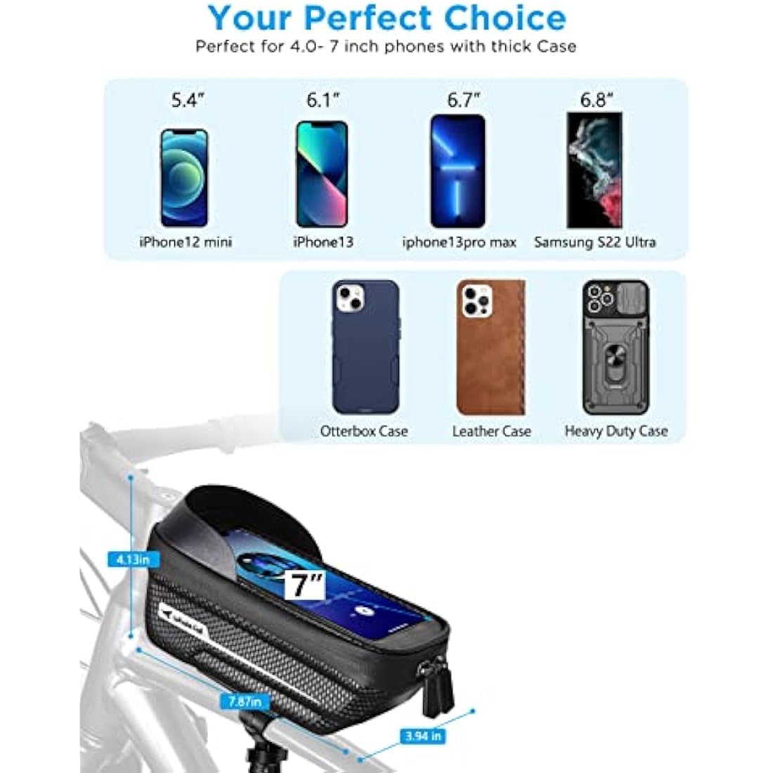 Whale Fall Waterproof Bike Frame Bag | Hard Shell Phone Holder up to 7"