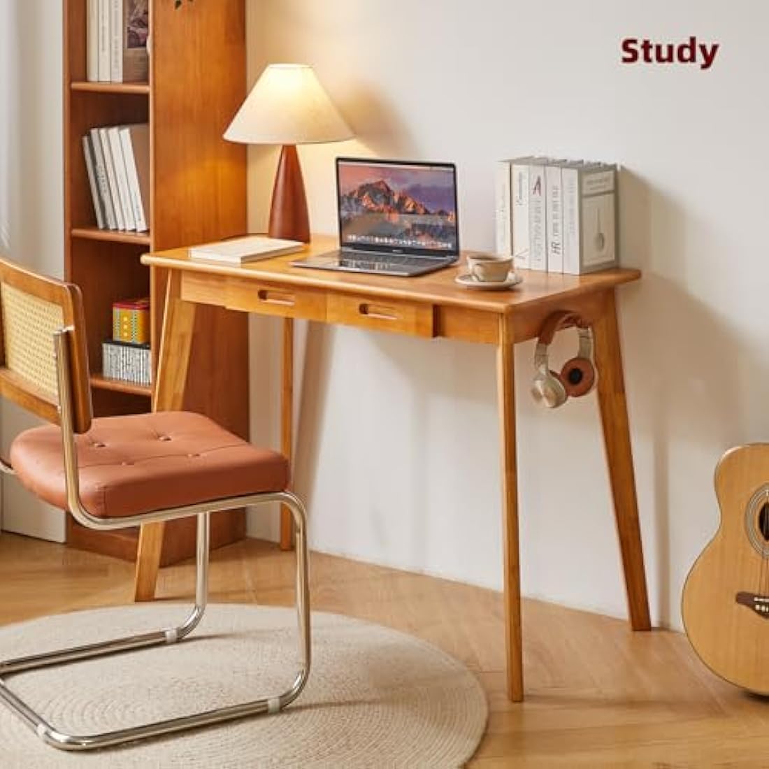 Aibiju Solid Wood Writing Desk with Drawers – Mid-Century Modern Study Table