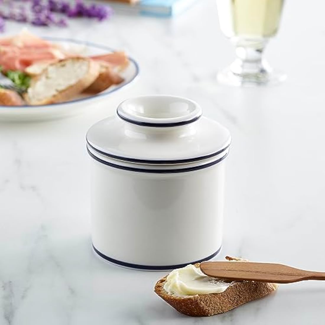 Butter Bell Crock by L Tremain – French Ceramic Butter Dish, Blue Trim