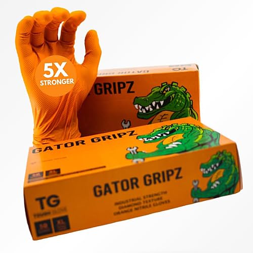 TG Tough Glove Gator Gripz Orange Nitrile Gloves - Heavy Duty (50 Pack)