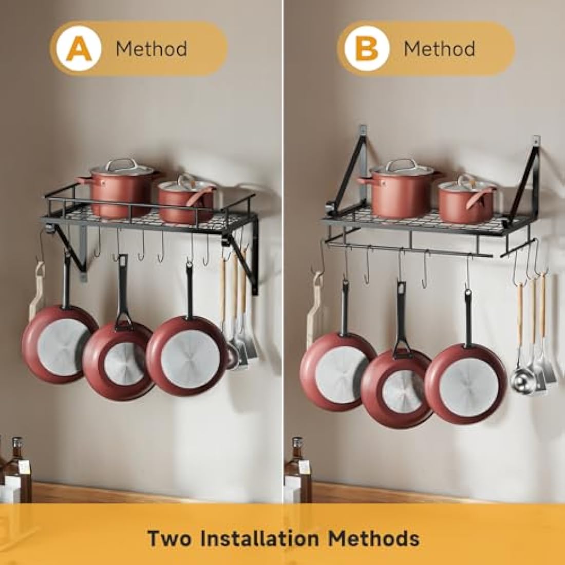 Wall Mounted Pot Rack – Iron Kitchen Shelf with 10 Hooks