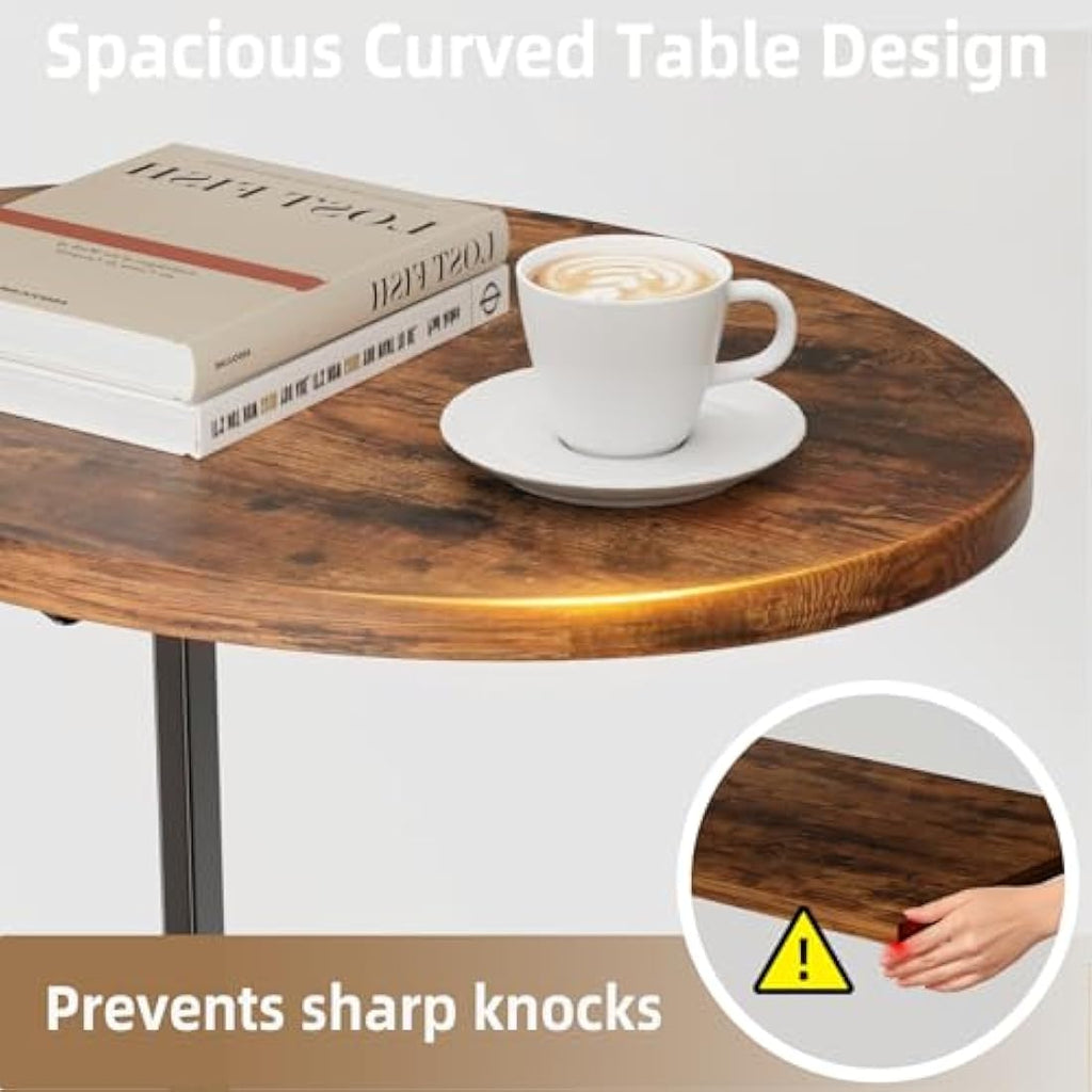 Mutool Foldable C Shaped Side Table | Rustic Round Sofa End Table