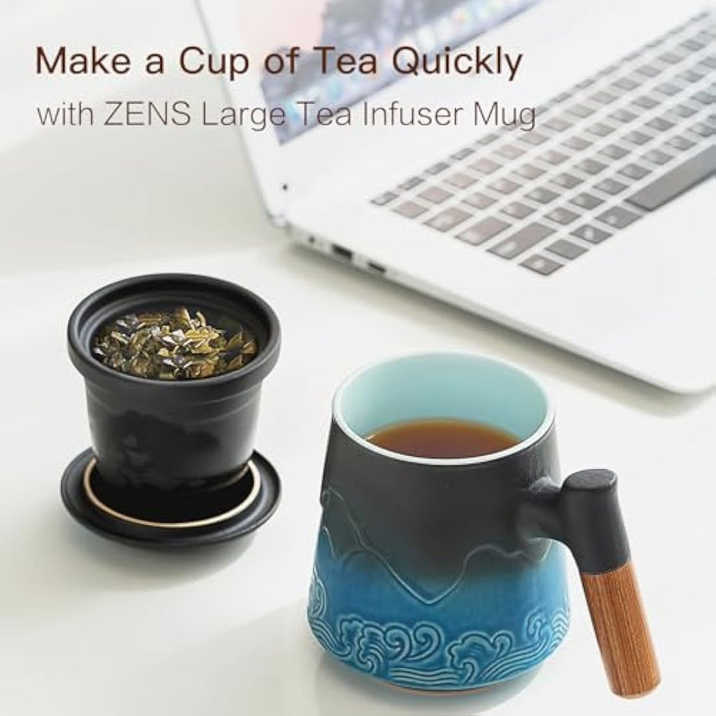 ZENS Ceramic Tea Infuser Mug with Wood Handle and Lid - 450ML Blue