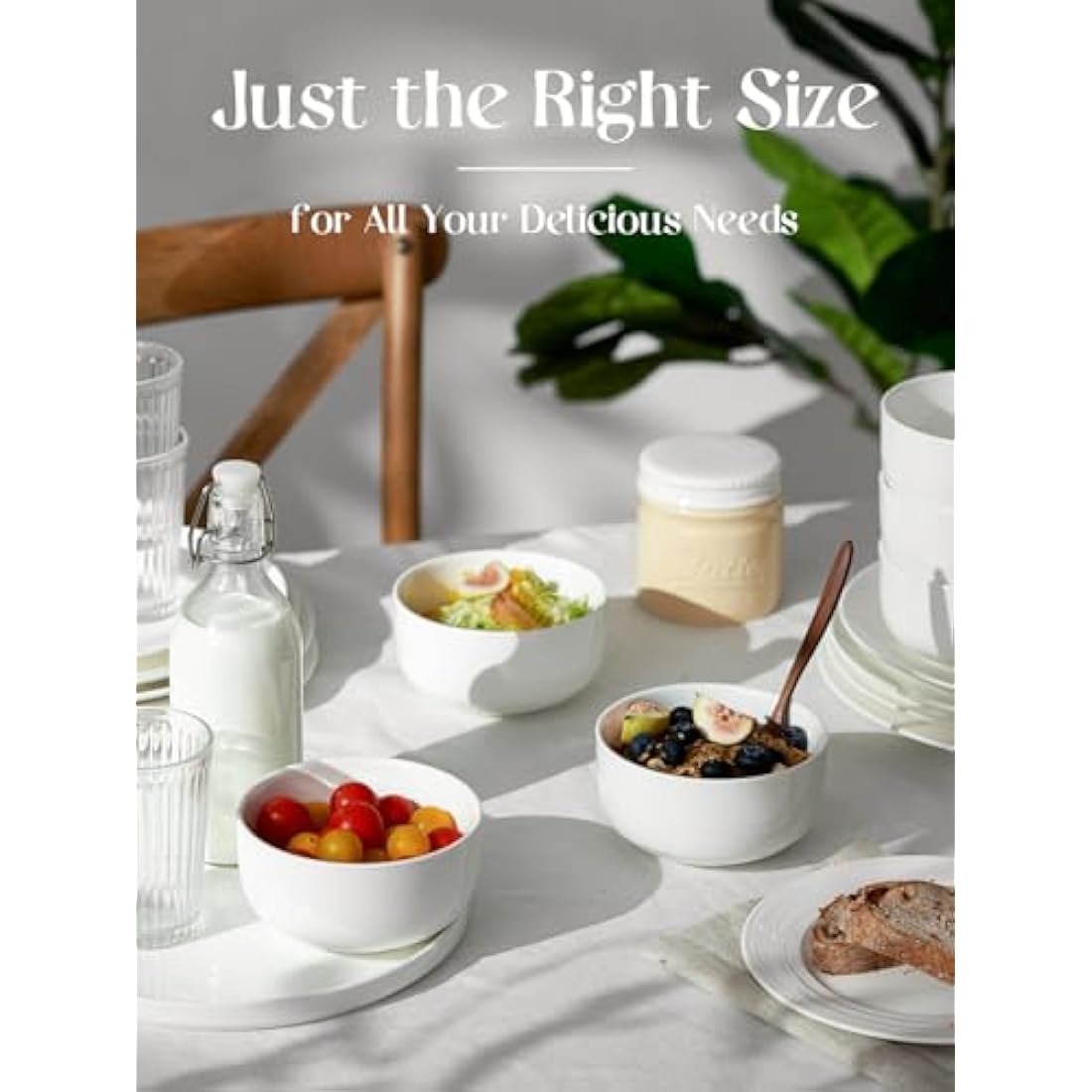DOWAN 650ml White Porcelain Cereal Bowls | Set of 6 Stackable Soup Bowls