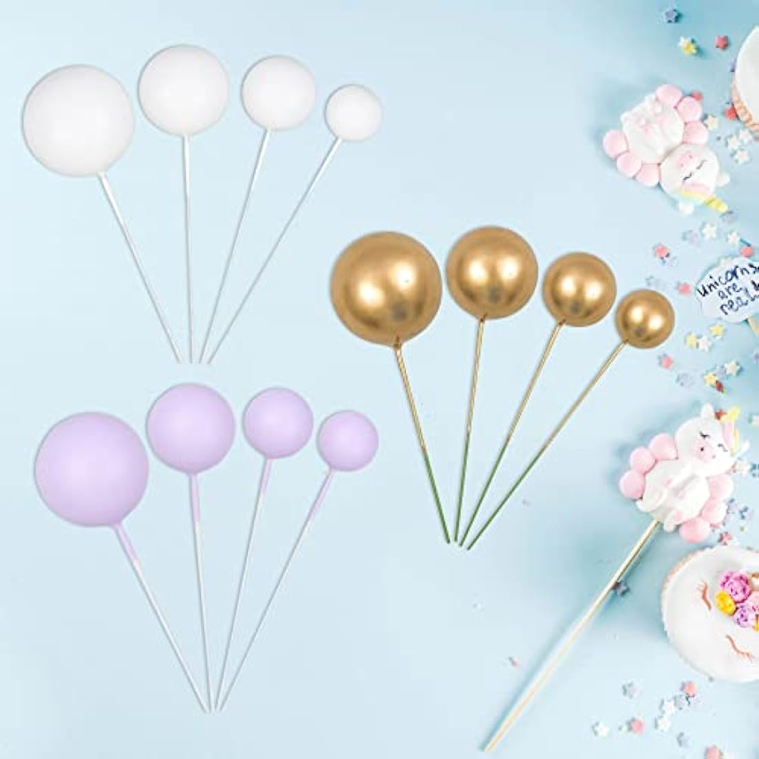 30Pcs Ball Cake Toppers | Purple Gold White Cupcake Picks