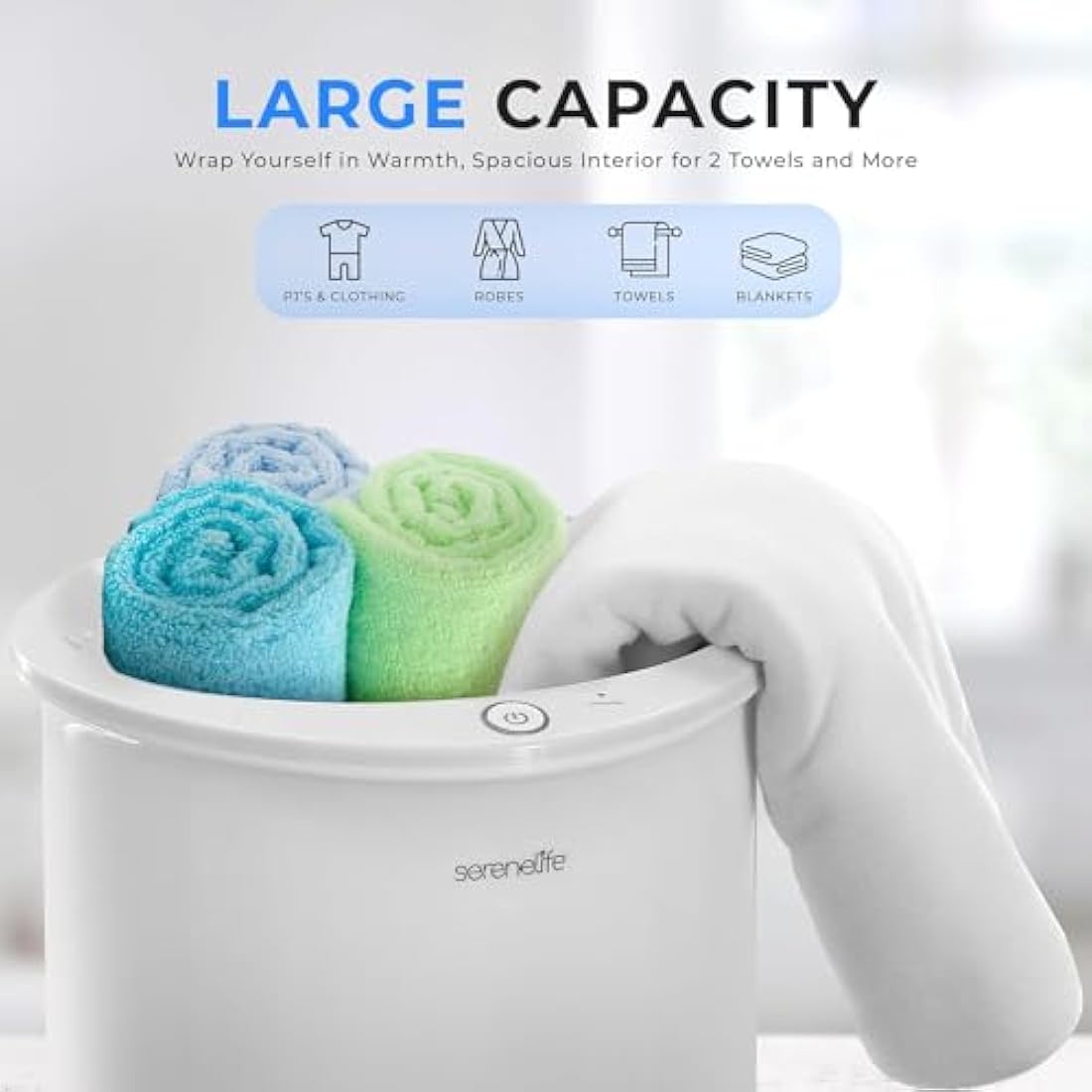 SereneLife Bucket Towel Warmer – Large White Spa Heater with Bamboo