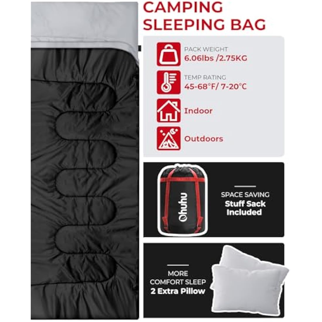 Ohuhu Double Sleeping Bag | Waterproof 2 Person Camping Bag with 2 Pillows
