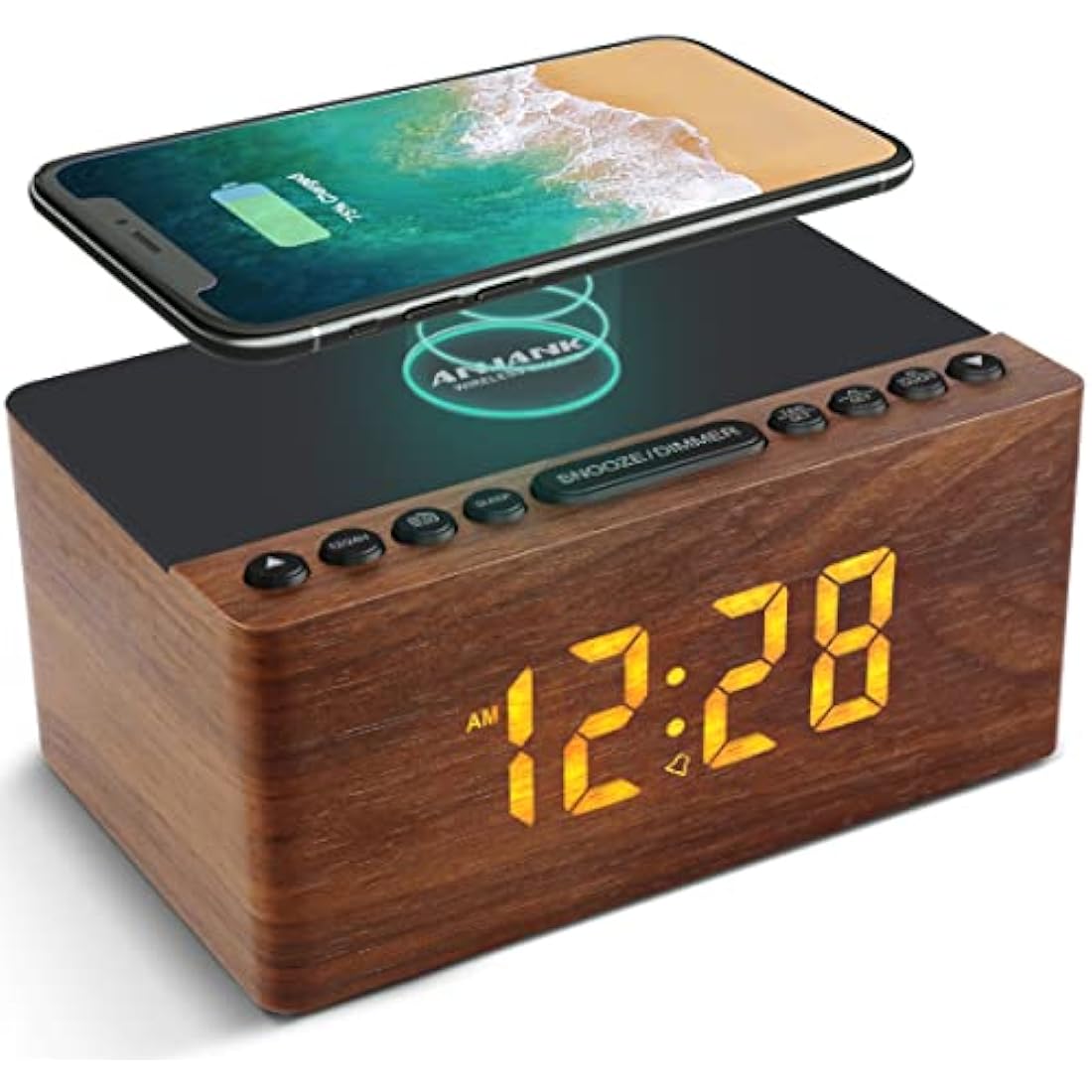 ANJANK Wooden FM Radio Alarm Clock with 10W Fast Wireless Charging
