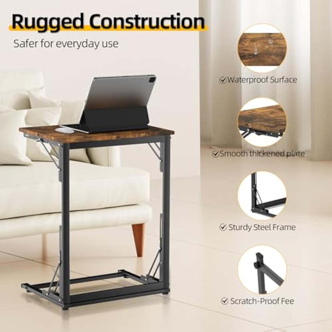 MOXYOY C-Shaped Side Table – Foldable Laptop Desk with Sturdy Steel Frame