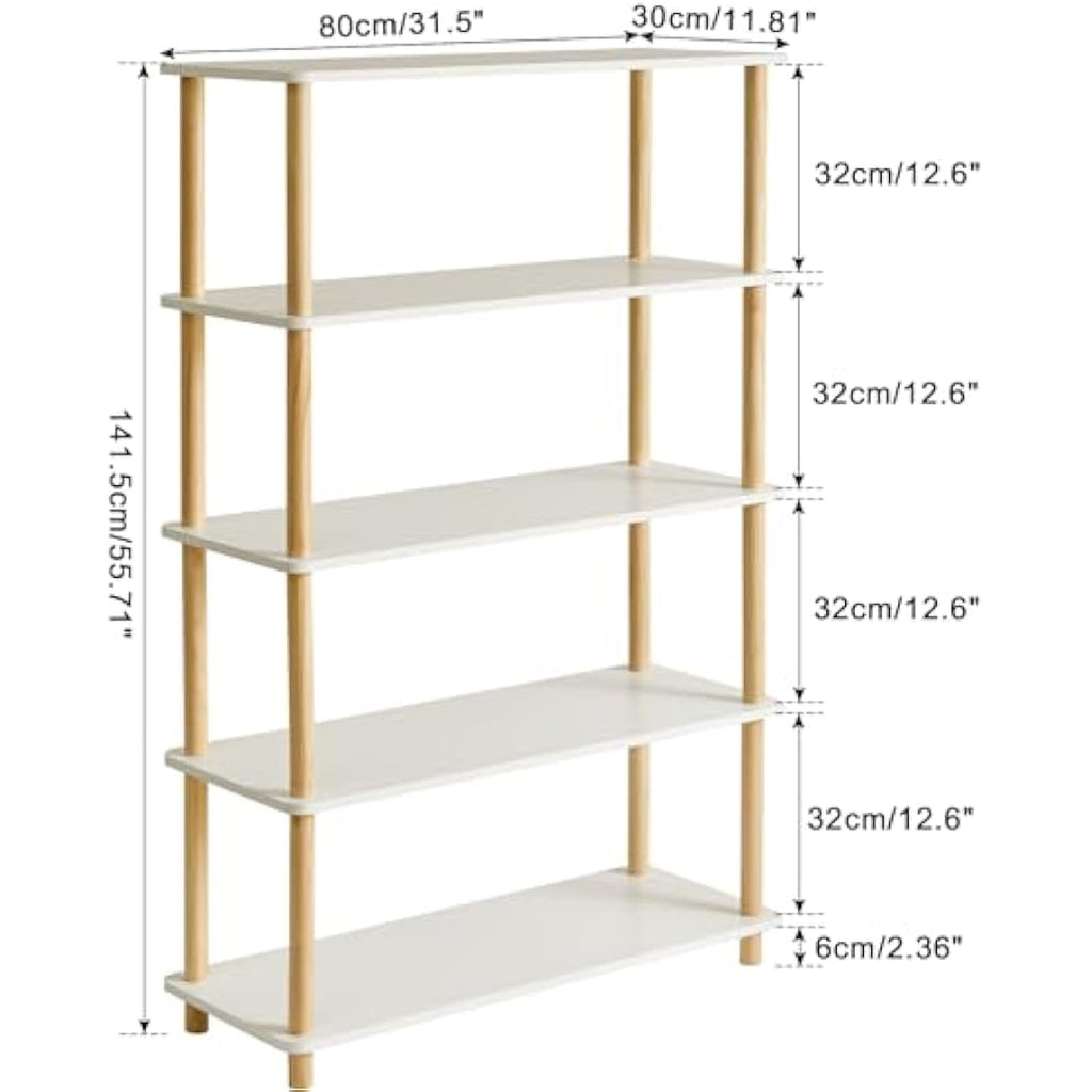 IBUYKE 5-Tier Wooden Open Bookcase | Modern White Storage Display Shelf
