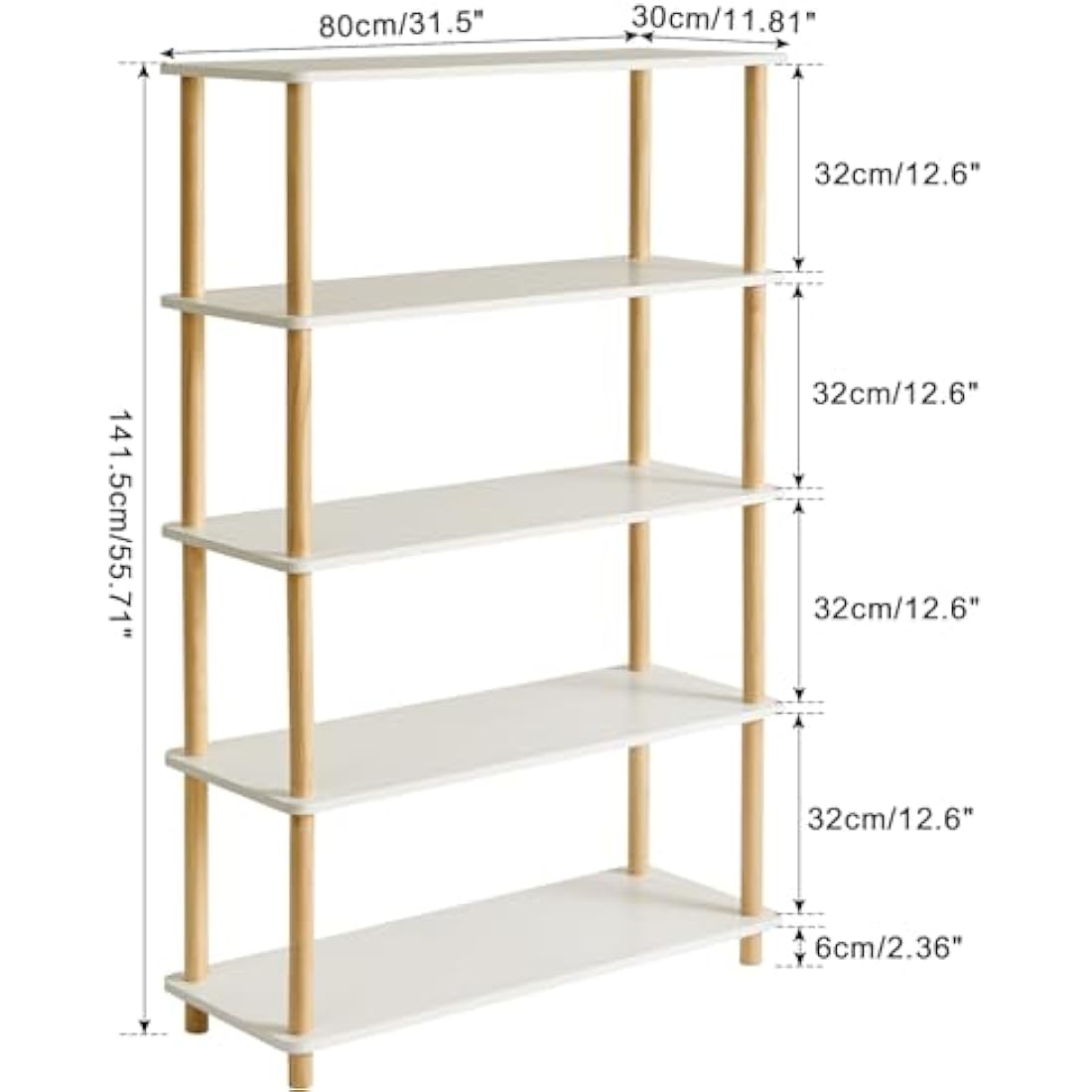 IBUYKE 5-Tier Wooden Open Bookcase | Modern White Storage Display Shelf