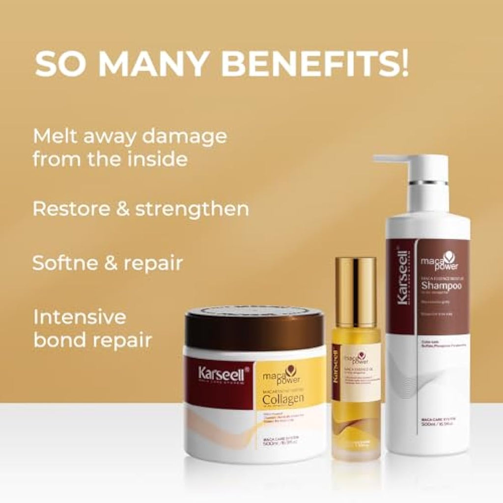 Karseell Maca Essence Hair Repair Set - Collagen Mask, Shampoo & Argan Oil