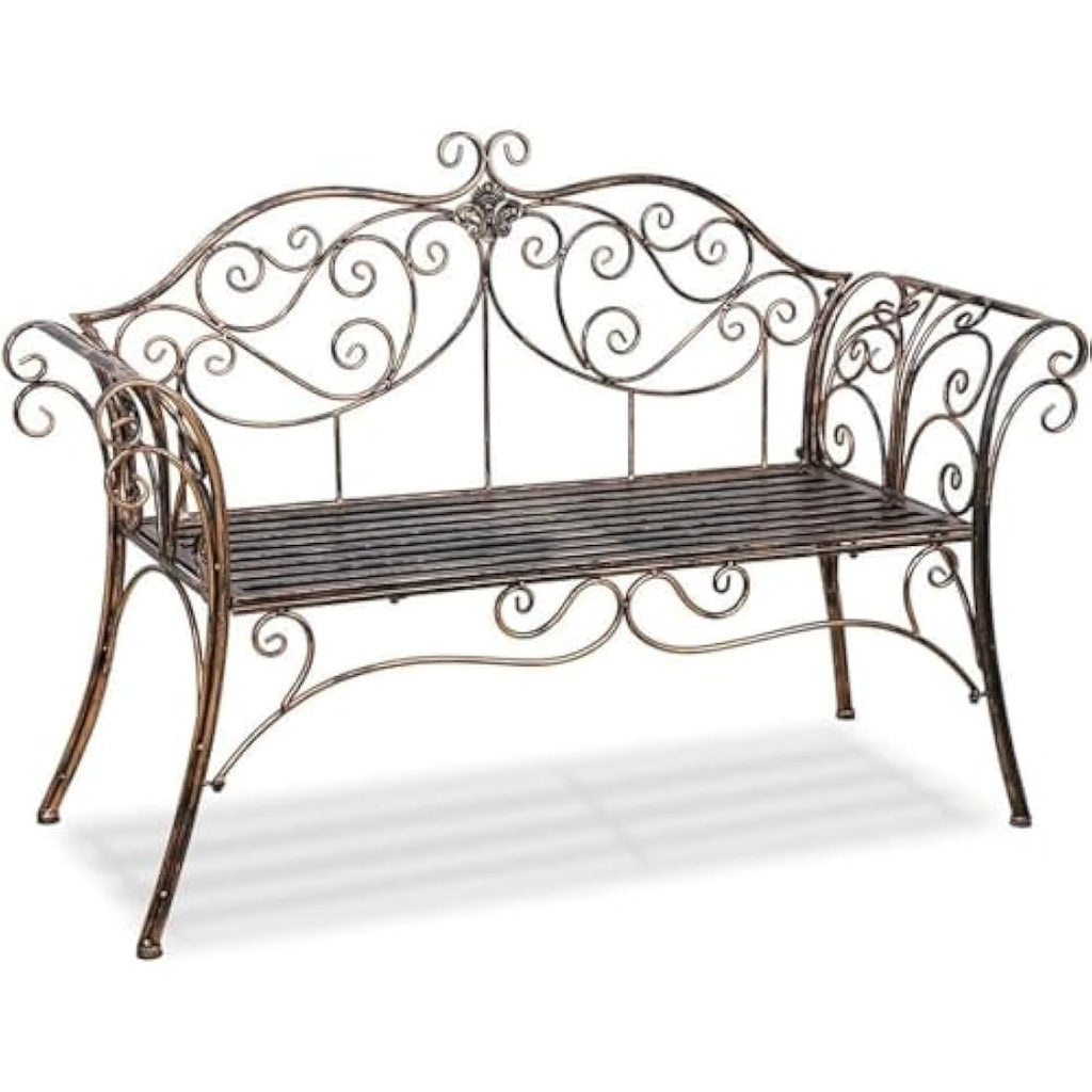 HLC 2-Seat Metal Garden Bench – Antique Wrought Iron Outdoor Seating
