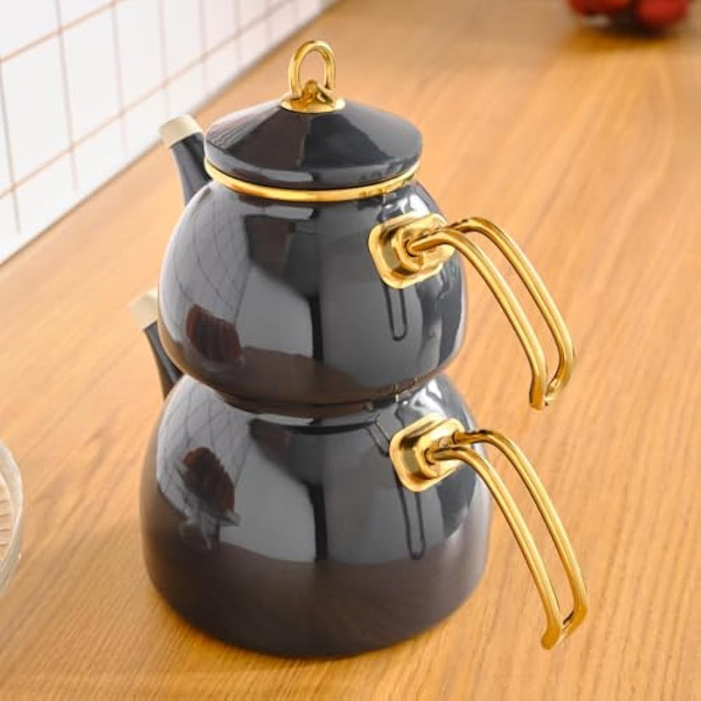 Karaca Retro Enamel Teapot and Kettle Set - Anthracite - Induction Safe