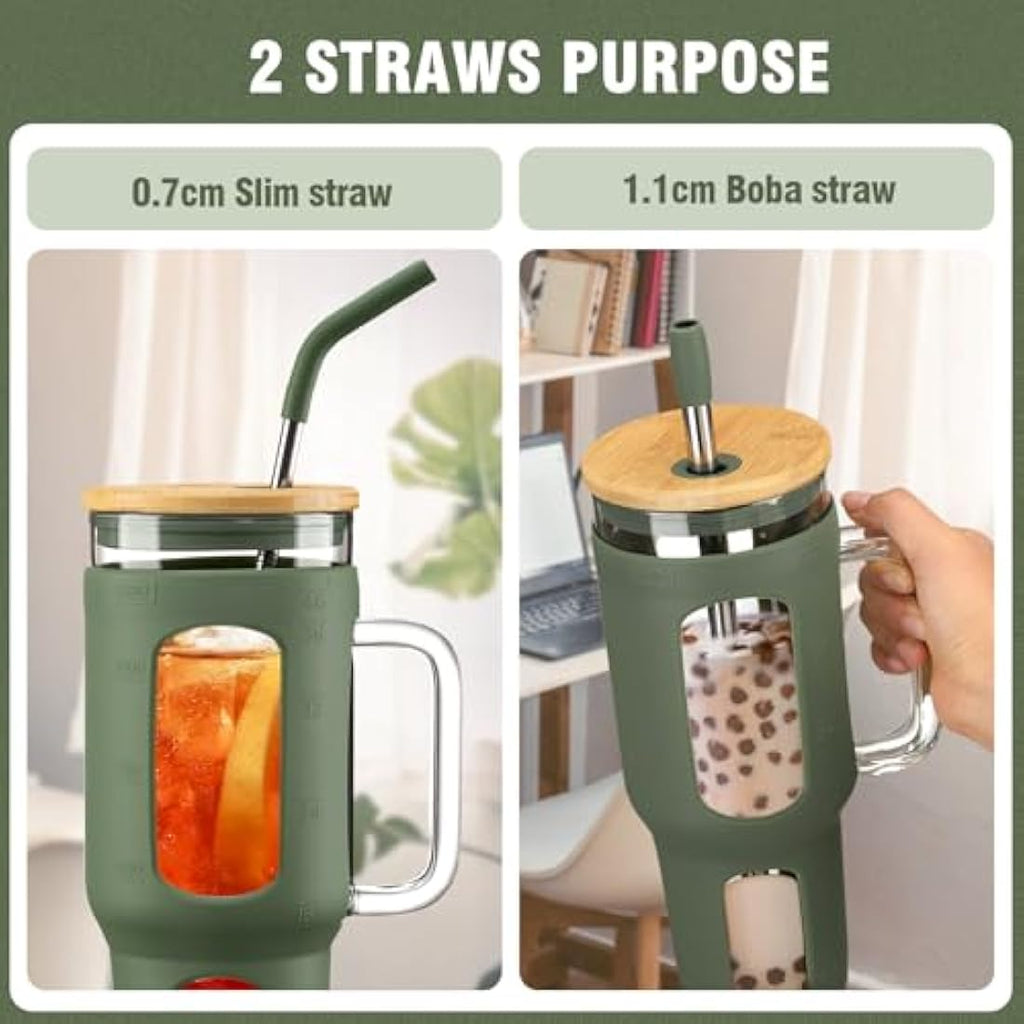 BLUEGO 1.4L Glass Tumbler with Handle and Straw – Iced Coffee Cup, Olive