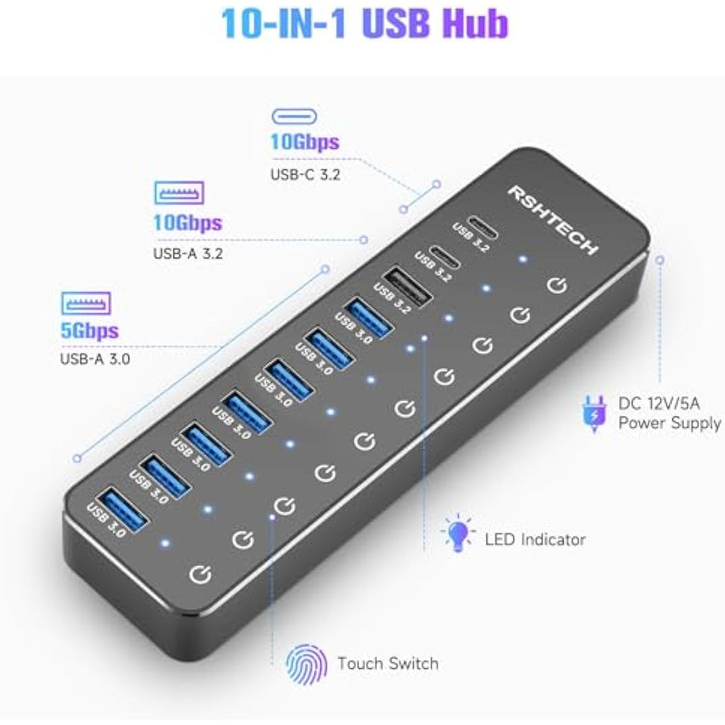 RSHTECH 10-Port Powered USB-C Hub – 10Gbps USB 3.2 Data Splitter with 60W Adapter