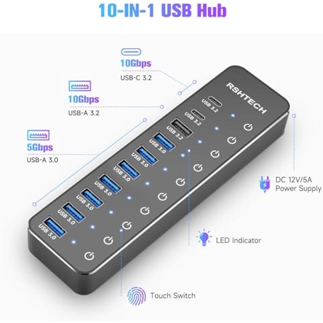 RSHTECH 10-Port Powered USB-C Hub – 10Gbps USB 3.2 Data Splitter with 60W Adapter