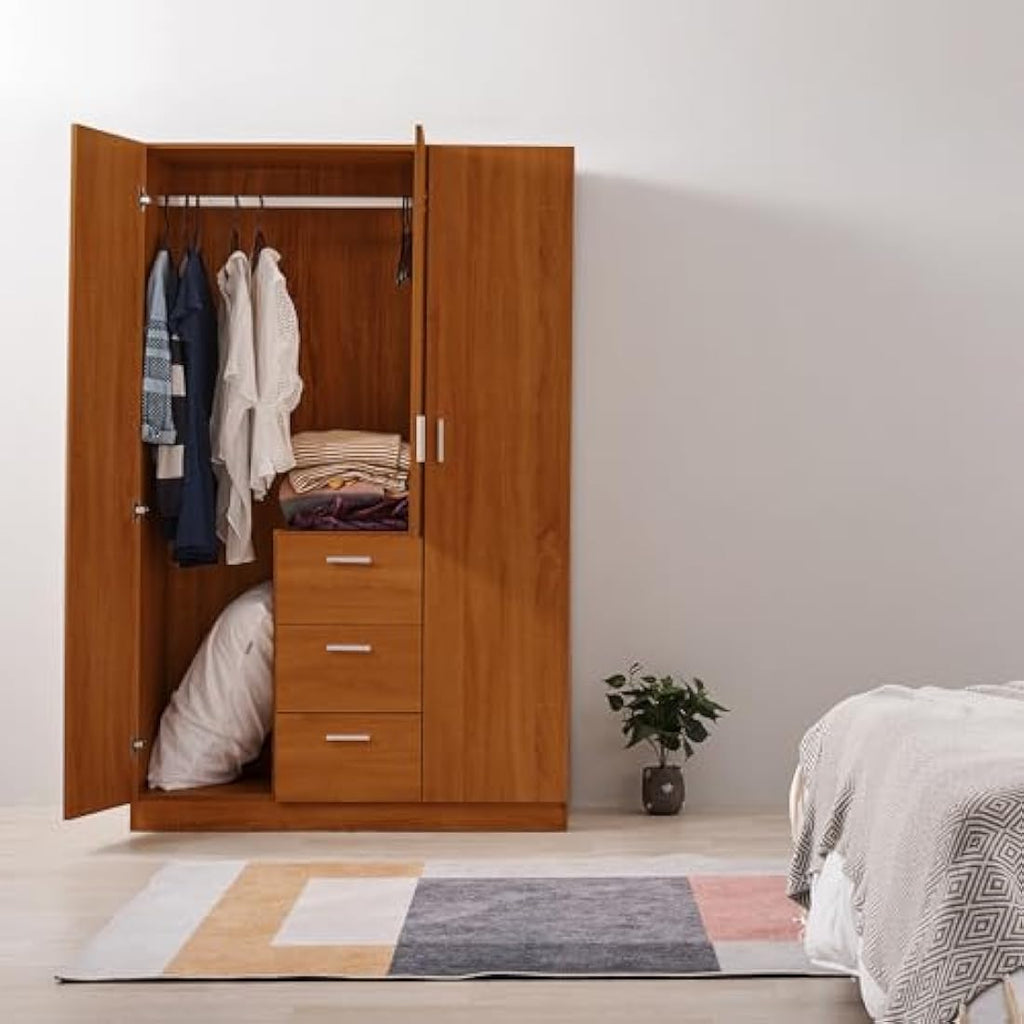 Modern Solid Pine Wood 3 Door Wardrobe with Hanging Rail – Oak