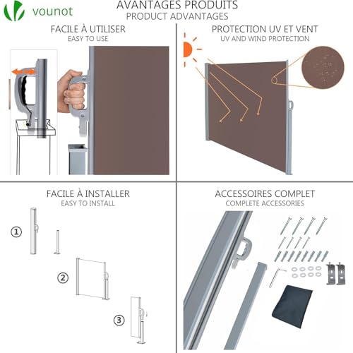 VOUNOT Retractable Side Awning – Outdoor Privacy Screen, 160x300cm, Brown