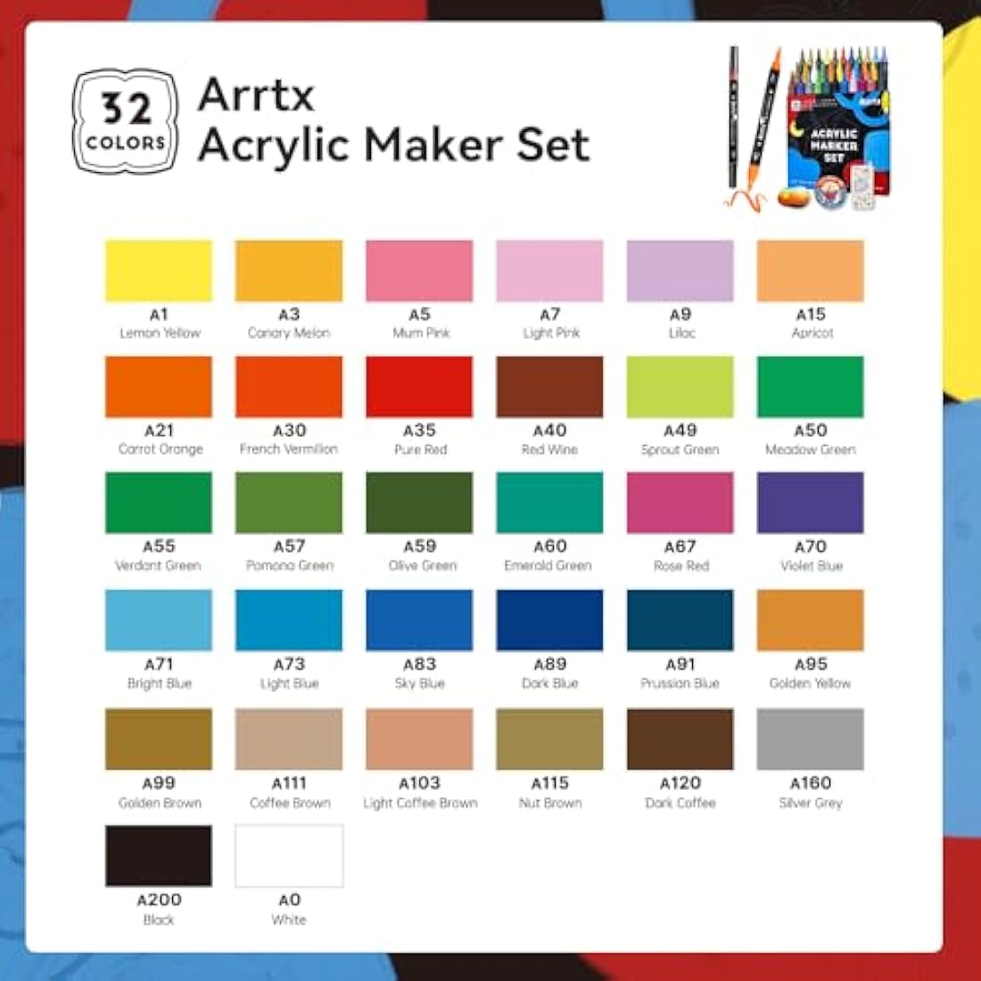 Arrtx 32 Colors Acrylic Paint Pens | Dual Tip Brush & Fine Markers